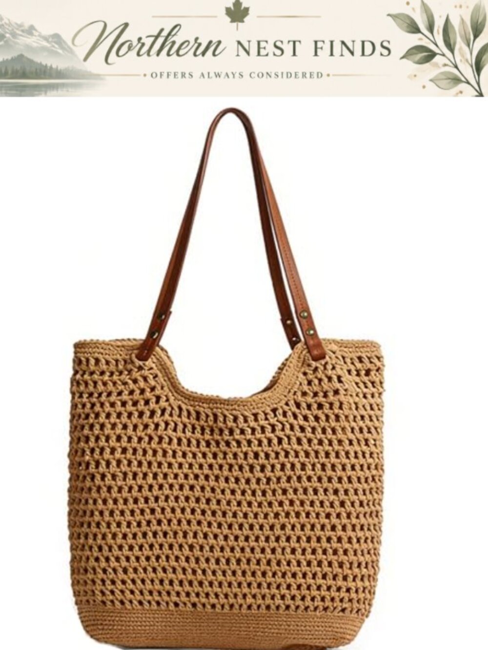 Woven Straw Hobo Bag Handwoven Summer Tote Faux Leather Handles